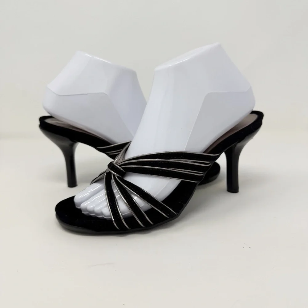 Kenneth Cole Reaction Black Velvet Metallic Trim Slip-On Heeled Sandals Size 8 - Picture 11 of 11